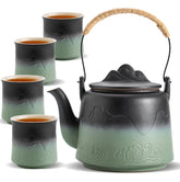 Japanese Gradient Ceramic Teapot Set - 4 Cups with Hemp Handle & Strainer